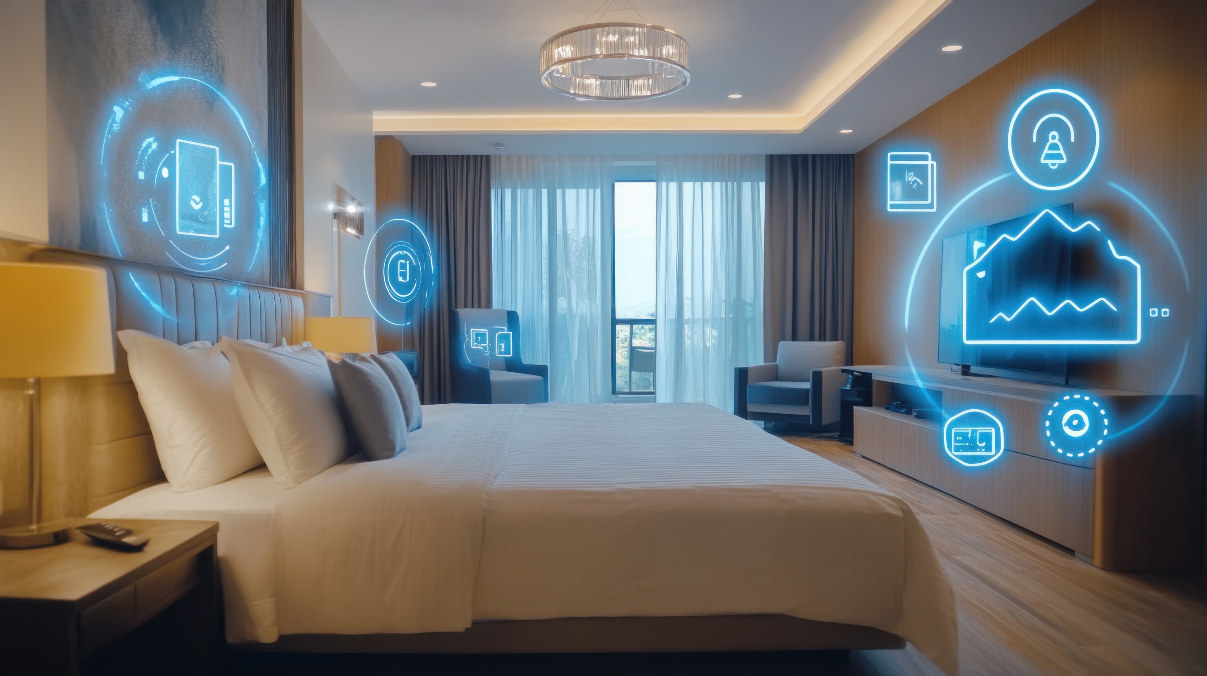 Connected boutique hotel room with floating guest-experience UI icons